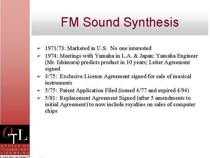 FM Sound Synthesis F F F 1971/73: Marketed in U. S. No one interested