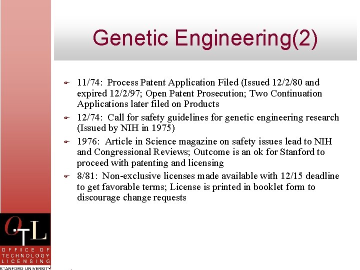 Genetic Engineering(2) F F 11/74: Process Patent Application Filed (Issued 12/2/80 and expired 12/2/97;