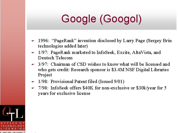 Google (Googol) F F F 1996: “Page. Rank” invention disclosed by Larry Page (Sergey