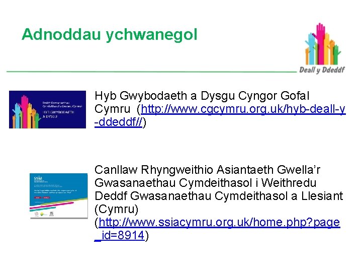 Adnoddau ychwanegol Hyb Gwybodaeth a Dysgu Cyngor Gofal Cymru (http: //www. cgcymru. org. uk/hyb-deall-y