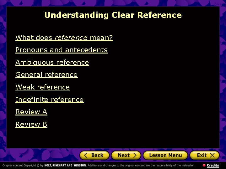 Understanding Clear Reference What does reference mean? Pronouns and antecedents Ambiguous reference General reference