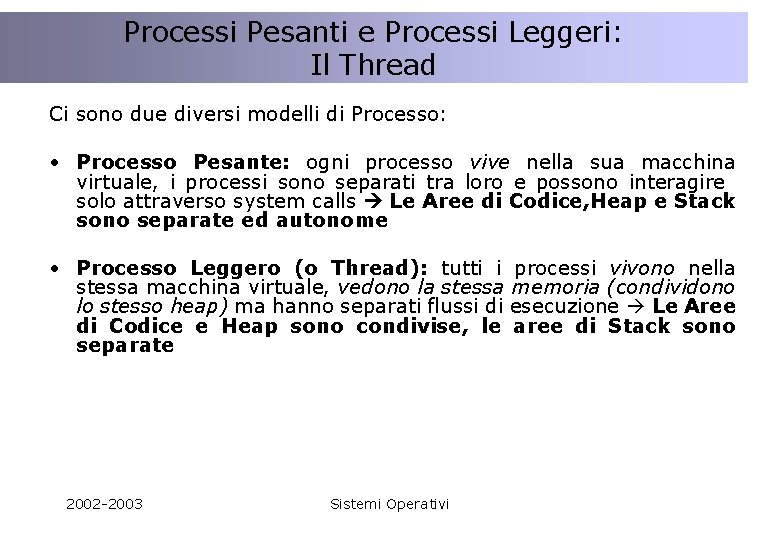 Processi Pesanti e Processi Leggeri: Il Thread Ci sono due diversi modelli di Processo: