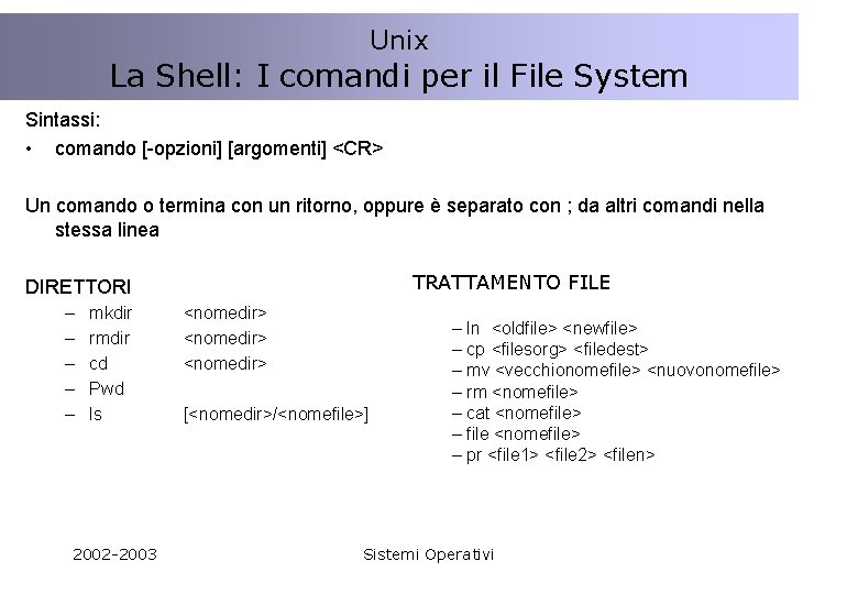 Unix La Shell: I comandi per il File System Sintassi: • comando [-opzioni] [argomenti]