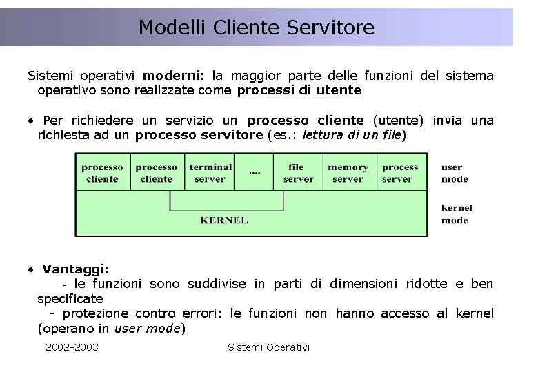 Modelli Cliente Servitore Lo STATO dell’interazione tra Client e Server Sistemi operativi moderni: la