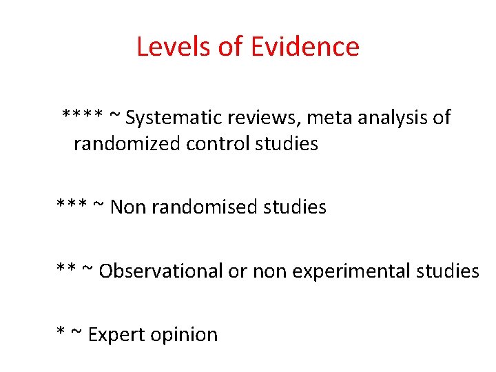 Levels of Evidence **** ~ Systematic reviews, meta analysis of randomized control studies ***