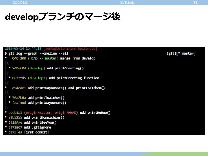 2020/04/04 Git Tutorial developブランチのマージ後 73 