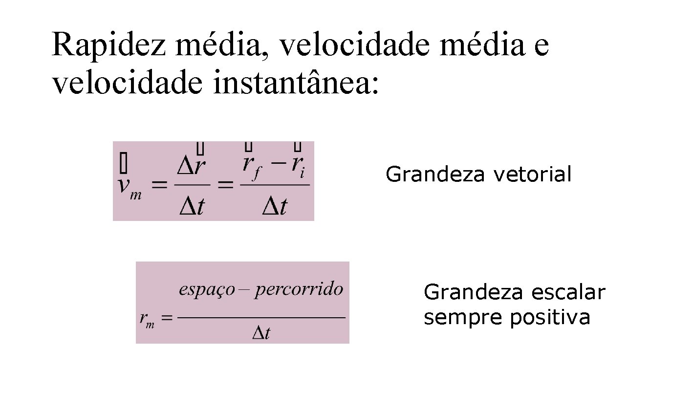 Rapidez média, velocidade média e velocidade instantânea: Grandeza vetorial Grandeza escalar sempre positiva 