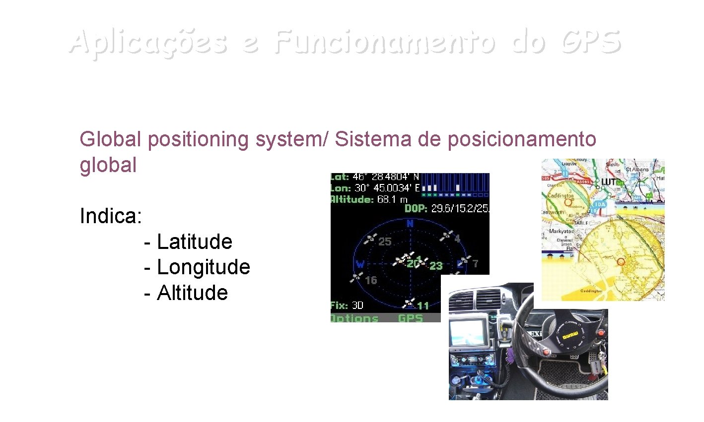 Aplicações e Funcionamento do GPS Global positioning system/ Sistema de posicionamento global Indica: -