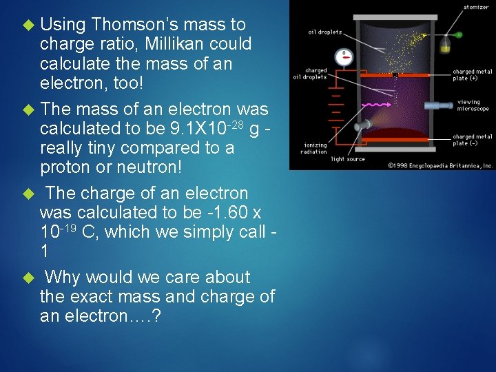  Using Thomson’s mass to charge ratio, Millikan could calculate the mass of an