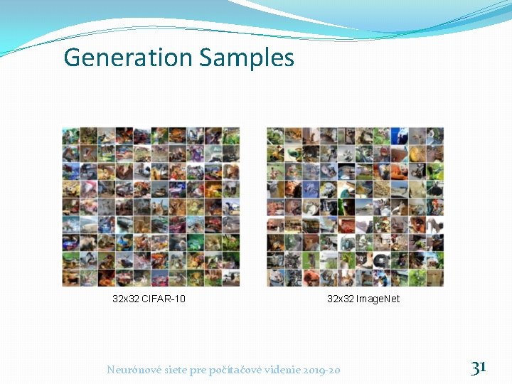 Generation Samples 32 x 32 CIFAR-10 32 x 32 Image. Net Neurónové siete pre