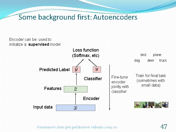 Some background first: Autoencoders Encoder can be used to initialize a supervised model Loss