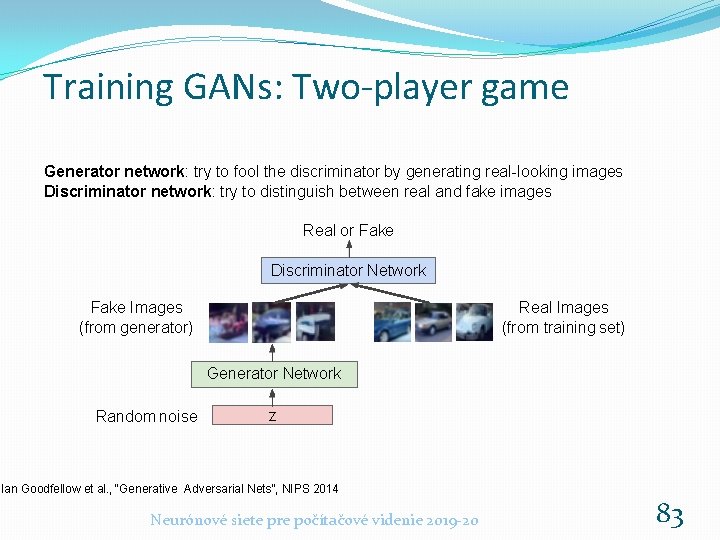 Training GANs: Two-player game Generator network: try to fool the discriminator by generating real-looking