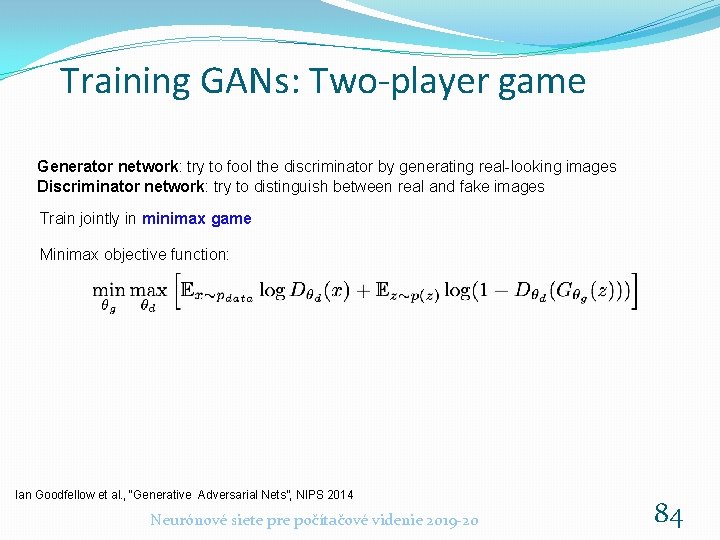 Training GANs: Two-player game Generator network: try to fool the discriminator by generating real-looking