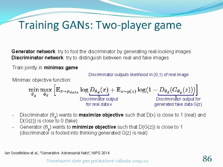 Training GANs: Two-player game Generator network: try to fool the discriminator by generating real-looking