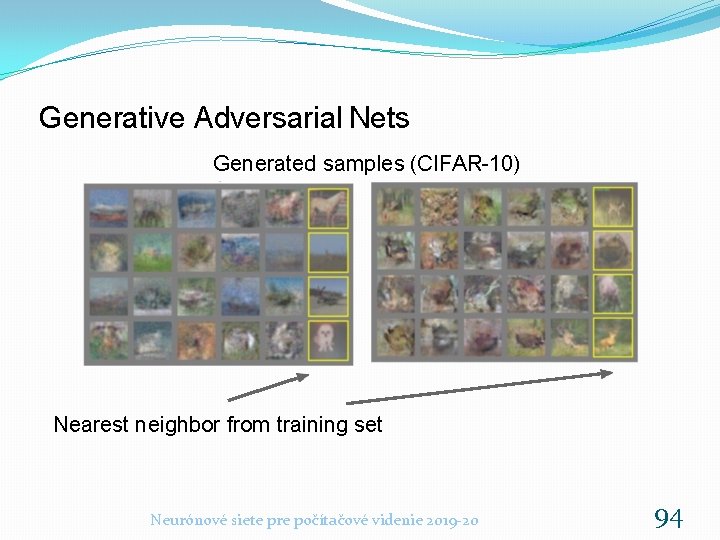 Generative Adversarial Nets Generated samples (CIFAR-10) Nearest neighbor from training set Neurónové siete pre