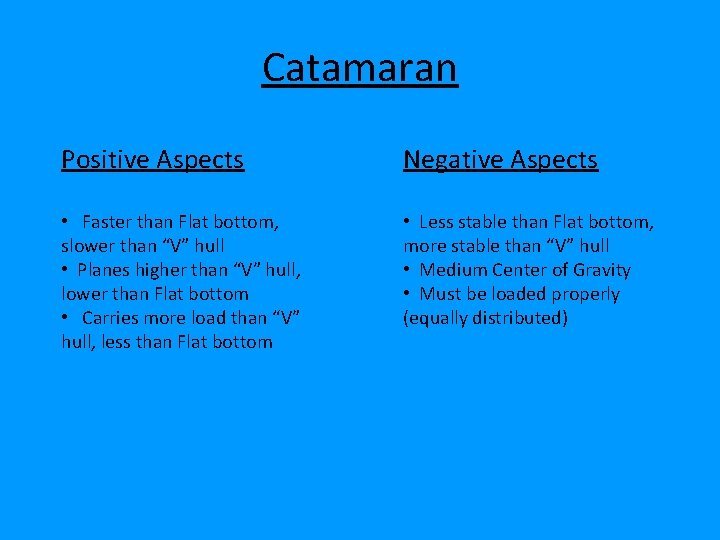 Catamaran Positive Aspects Negative Aspects • Faster than Flat bottom, slower than “V” hull