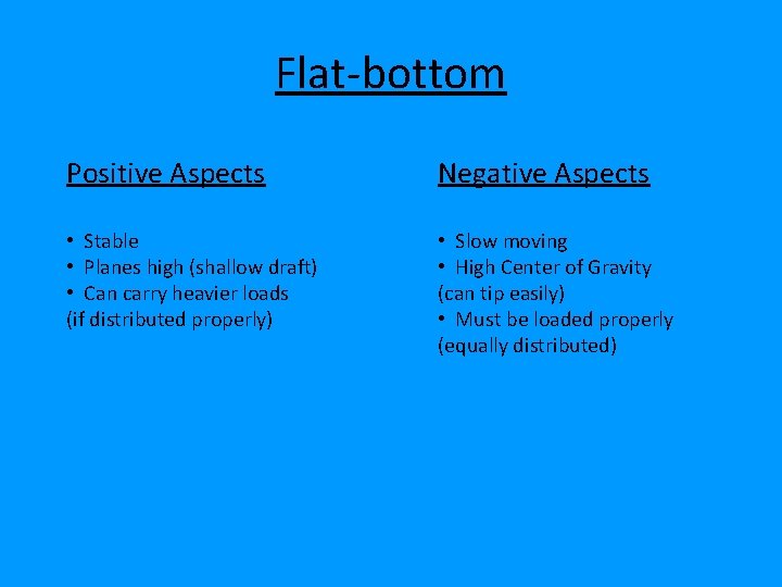 Flat-bottom Positive Aspects Negative Aspects • Stable • Planes high (shallow draft) • Can