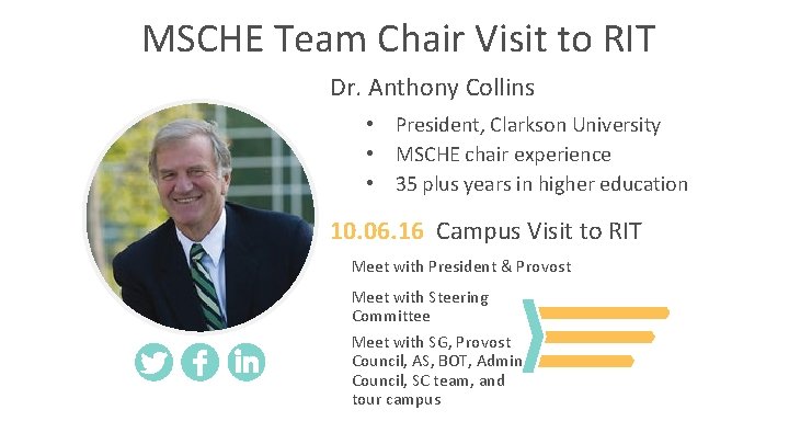 MSCHE Team Chair Visit to RIT Dr. Anthony Collins • President, Clarkson University •
