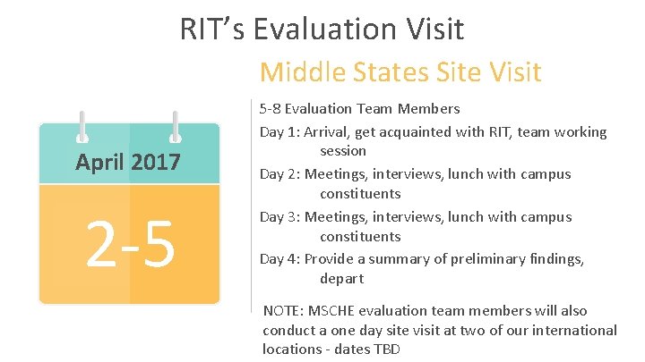 RIT’s Evaluation Visit Middle States Site Visit April 2017 MONTH 2 -5 31 5