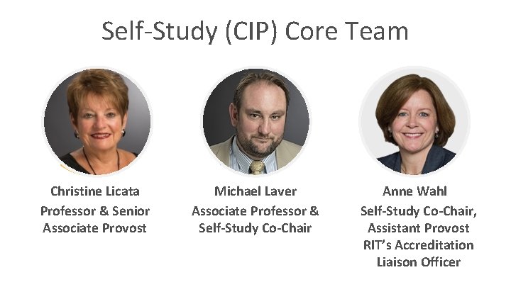 Self-Study (CIP) Core Team Christine Licata Professor & Senior Associate Provost Michael Laver Associate