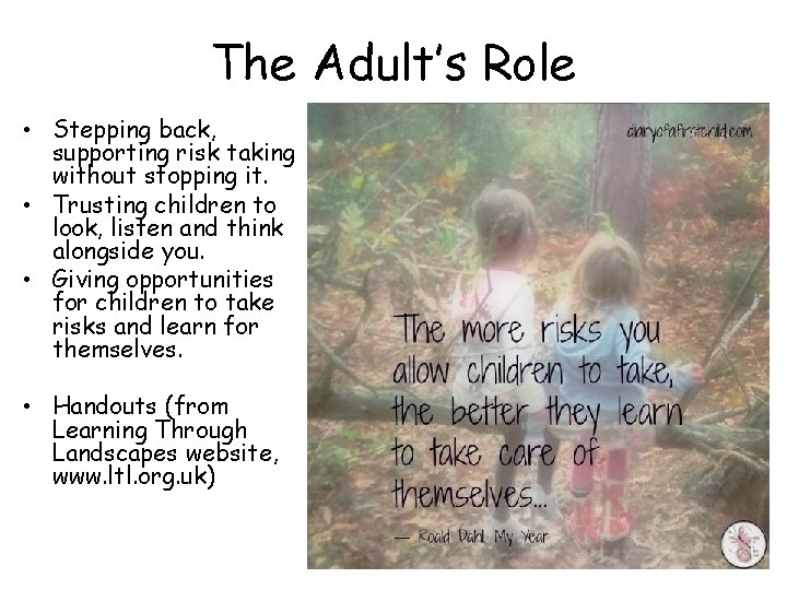 The Adult’s Role • Stepping back, supporting risk taking without stopping it. • Trusting