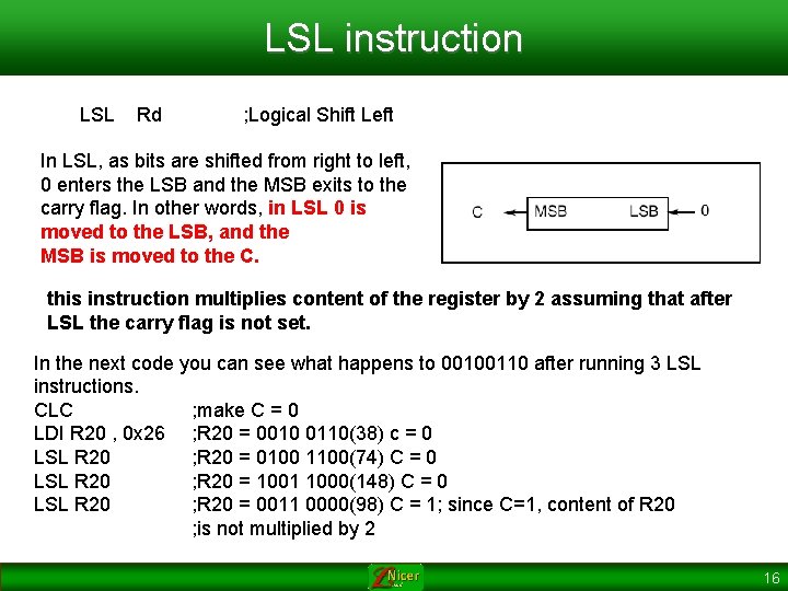 LSL instruction LSL Rd ; Logical Shift Left In LSL, as bits are shifted
