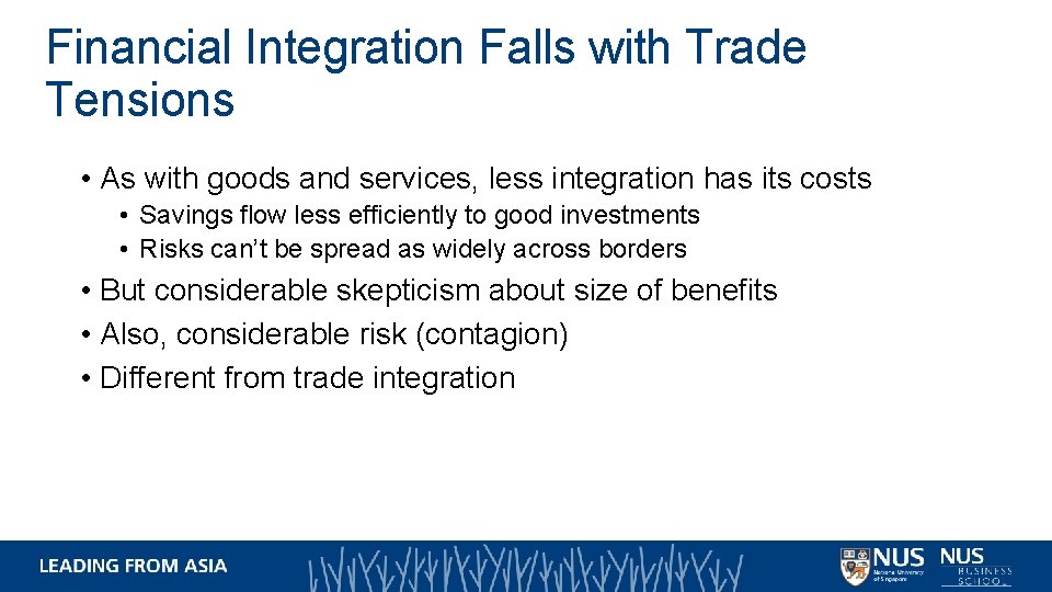 Financial Integration Falls with Trade Tensions • As with goods and services, less integration Financial Integration Falls with Trade Tensions • As with goods and services, less integration
