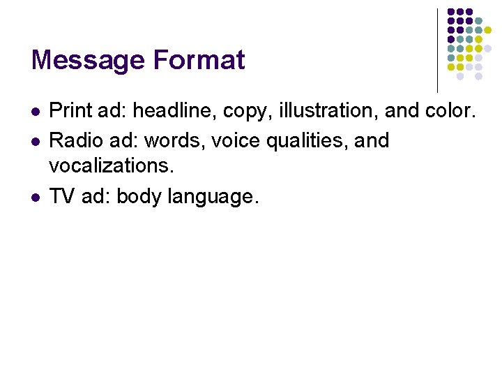 Message Format l l l Print ad: headline, copy, illustration, and color. Radio ad: