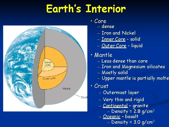 Earth’s Interior • Core – – dense Iron and Nickel Inner Core - solid