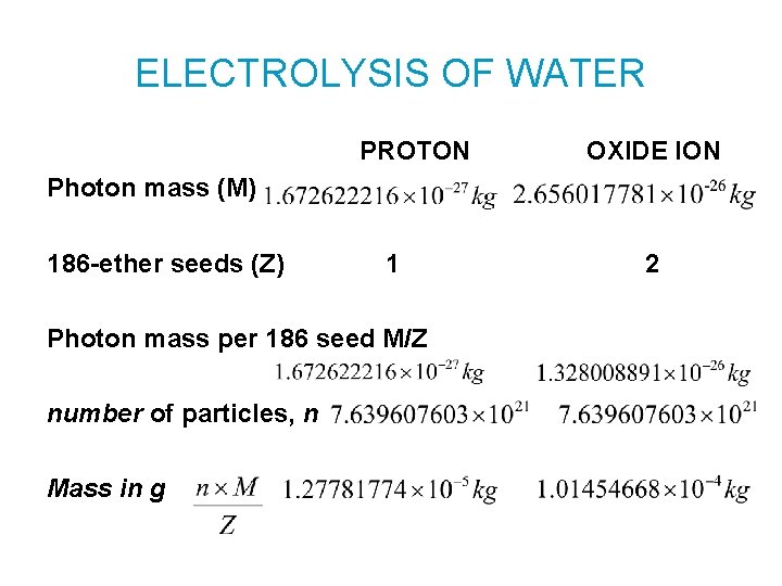 ELECTROLYSIS OF WATER PROTON OXIDE ION Photon mass (M) 186 -ether seeds (Z) 1