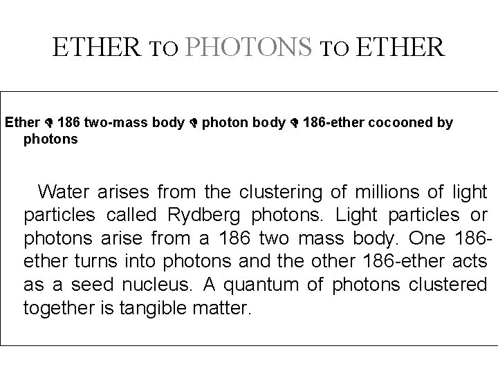 ETHER TO PHOTONS TO ETHER Ether 186 two-mass body photon body 186 -ether cocooned