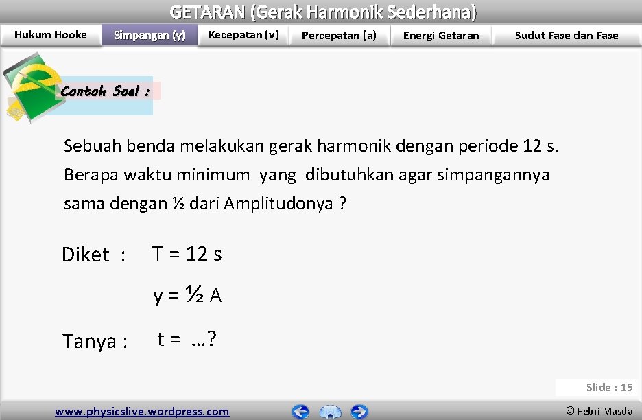 GETARAN (Gerak Harmonik Sederhana) Hukum Hooke Simpangan (y) Kecepatan (v) Percepatan (a) Energi Getaran GETARAN (Gerak Harmonik Sederhana) Hukum Hooke Simpangan (y) Kecepatan (v) Percepatan (a) Energi Getaran