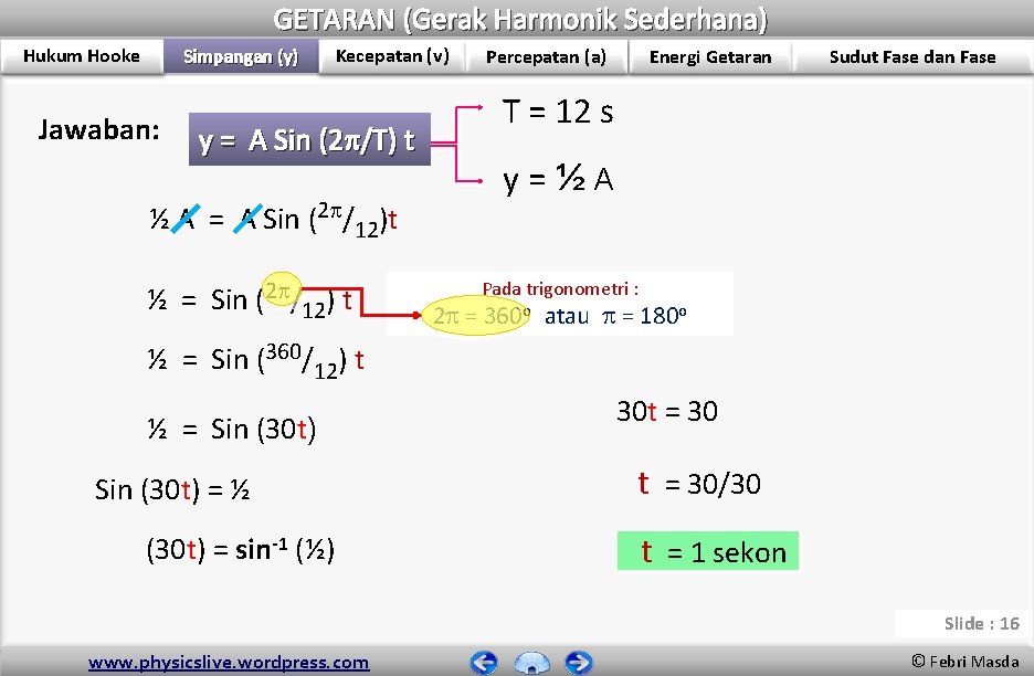 GETARAN (Gerak Harmonik Sederhana) Hukum Hooke Simpangan (y) Jawaban: Kecepatan (v) y = A