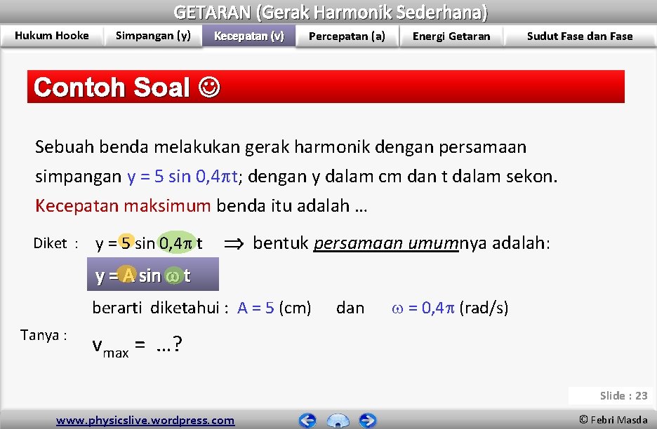 GETARAN (Gerak Harmonik Sederhana) Hukum Hooke Simpangan (y) Kecepatan (v) Percepatan (a) Energi Getaran