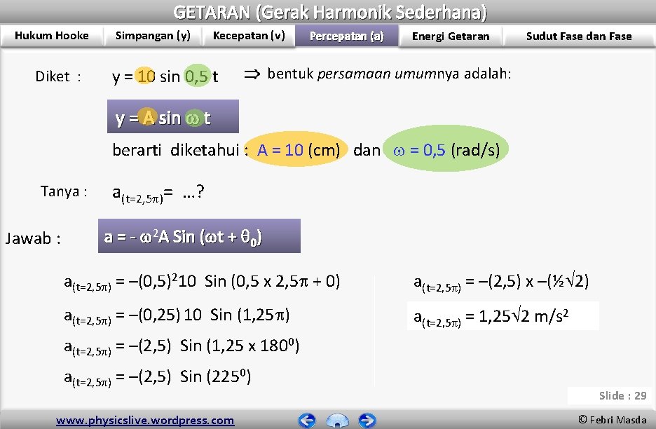 GETARAN (Gerak Harmonik Sederhana) Hukum Hooke Diket : Simpangan (y) Kecepatan (v) y =