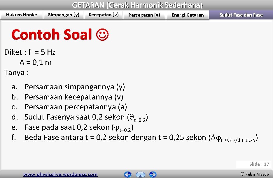 GETARAN (Gerak Harmonik Sederhana) Hukum Hooke Simpangan (y) Kecepatan (v) Percepatan (a) Energi Getaran GETARAN (Gerak Harmonik Sederhana) Hukum Hooke Simpangan (y) Kecepatan (v) Percepatan (a) Energi Getaran