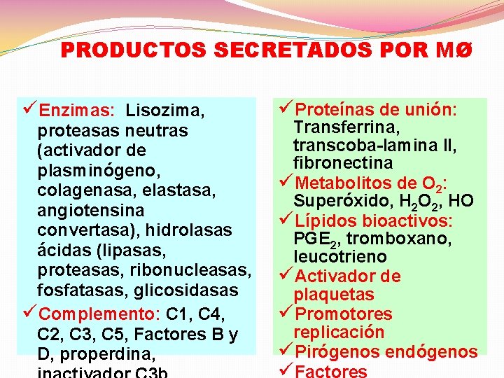 PRODUCTOS SECRETADOS POR MØ üEnzimas: Lisozima, proteasas neutras (activador de plasminógeno, colagenasa, elastasa, angiotensina