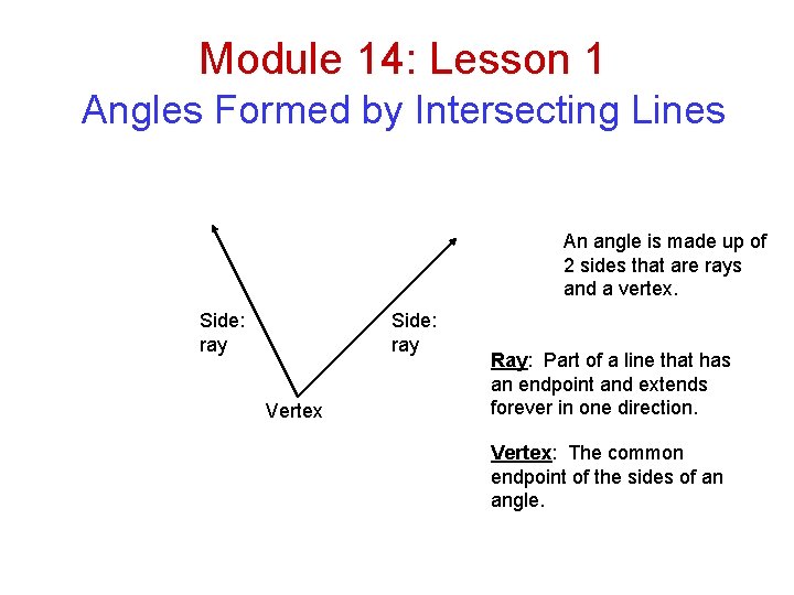 Module 14: Lesson 1 Angles Formed by Intersecting Lines An angle is made up