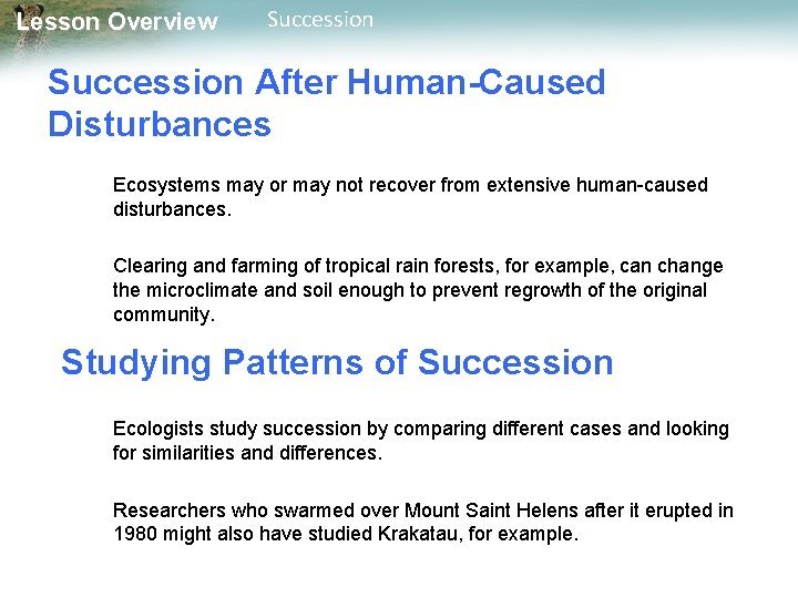 Lesson Overview Succession After Human-Caused Disturbances Ecosystems may or may not recover from extensive