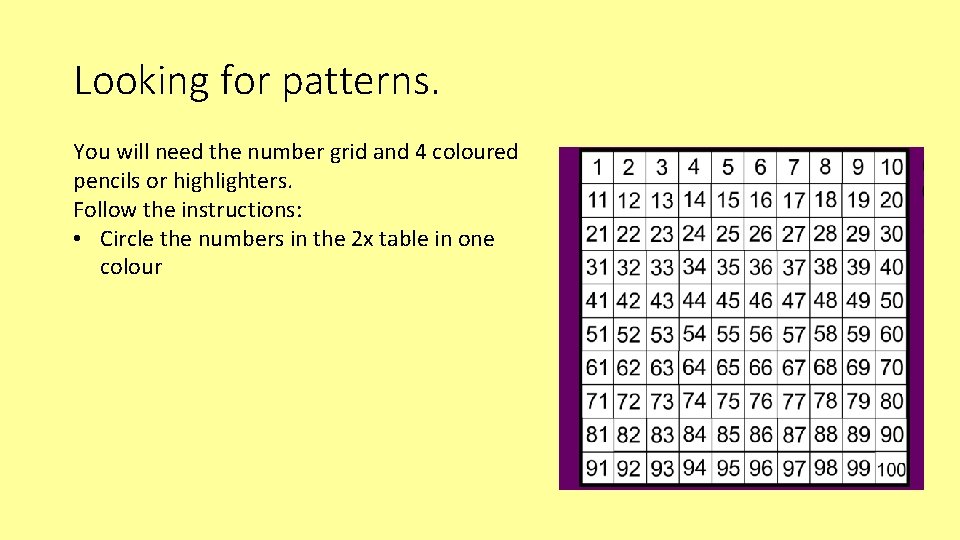 Looking for patterns. You will need the number grid and 4 coloured pencils or