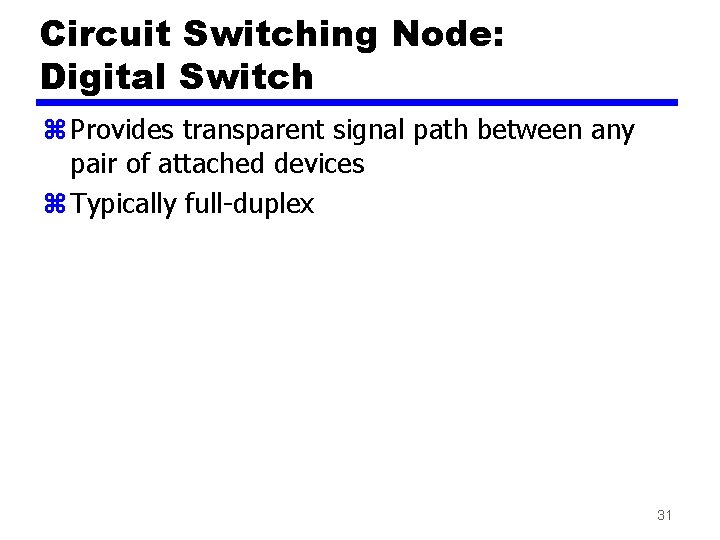 Circuit Switching Node: Digital Switch z Provides transparent signal path between any pair of