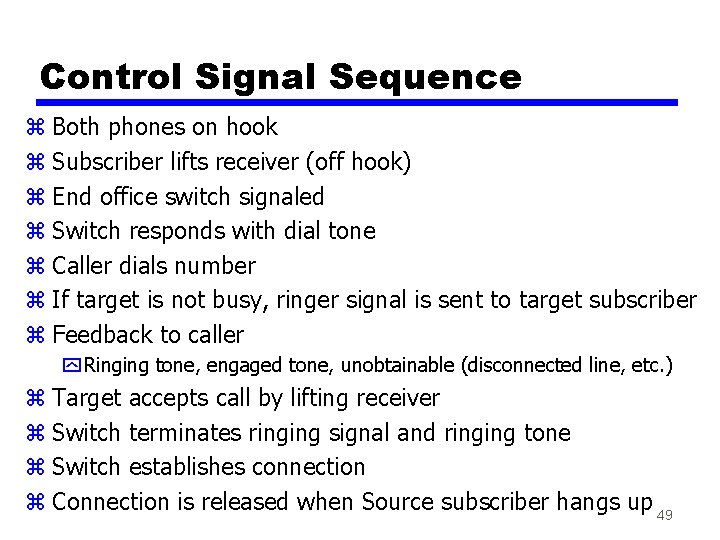 Control Signal Sequence z Both phones on hook z Subscriber lifts receiver (off hook)