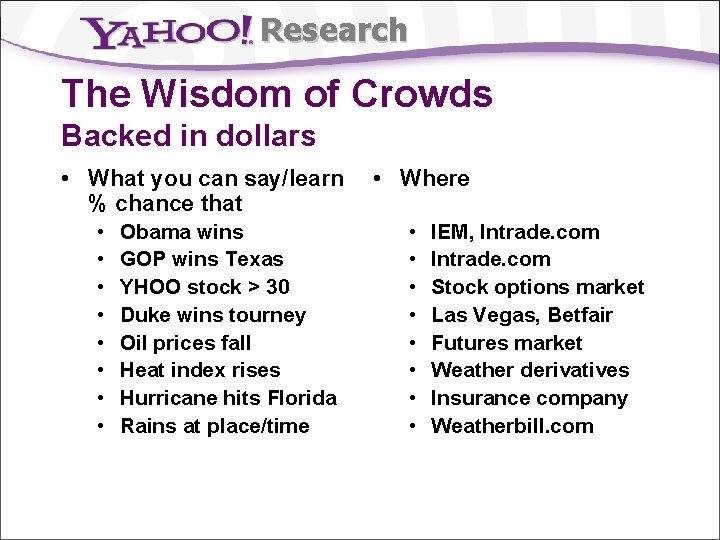 Research The Wisdom of Crowds Backed in dollars • What you can say/learn %