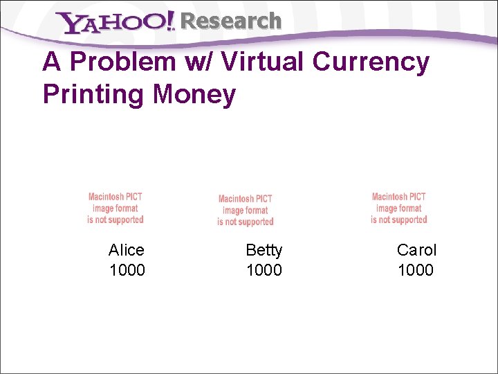 Research A Problem w/ Virtual Currency Printing Money Alice 1000 Betty 1000 Carol 1000