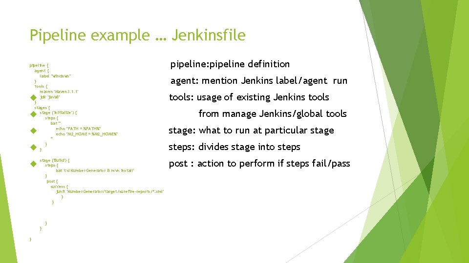 Pipeline example … Jenkinsfile pipeline { agent { label "windows" } tools { maven