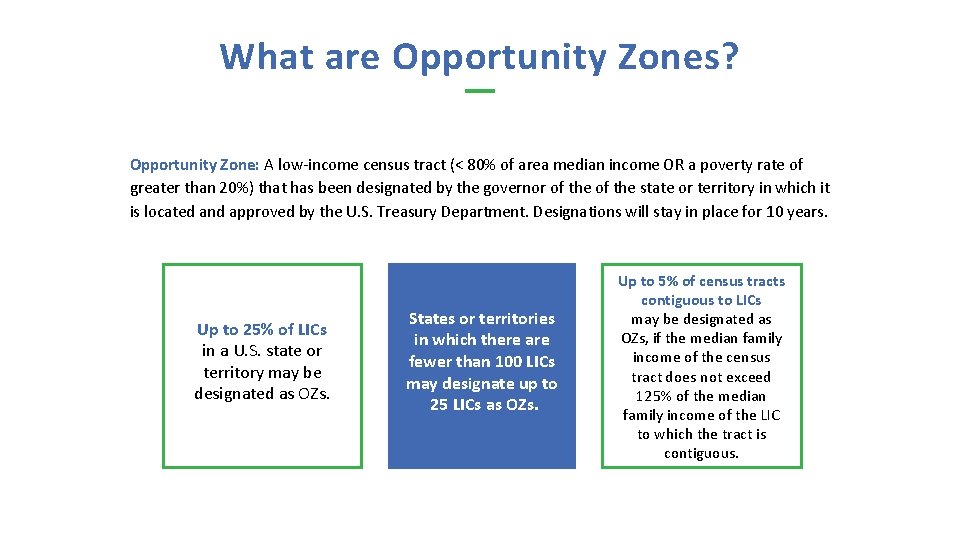 What are Opportunity Zones? Opportunity Zone: A low-income census tract (< 80% of area