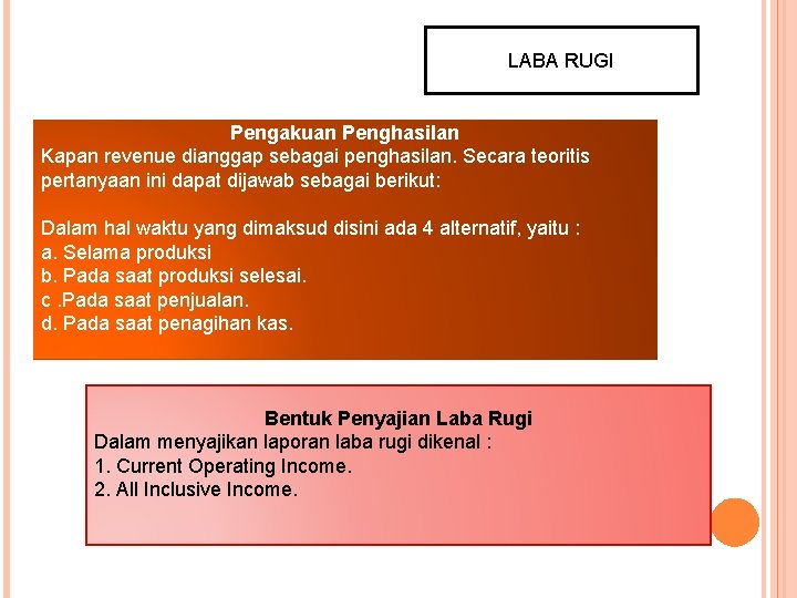 LABA RUGI Pengakuan Penghasilan Kapan revenue dianggap sebagai penghasilan. Secara teoritis pertanyaan ini dapat