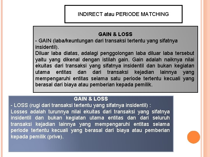 INDIRECT atau PERIODE MATCHING GAIN & LOSS - GAIN (laba/keuntungan dari transaksi tertentu yang