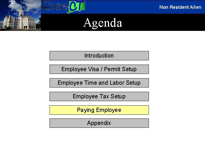 Non Resident Alien Agenda Introduction Employee Visa / Permit Setup Employee Time and Labor