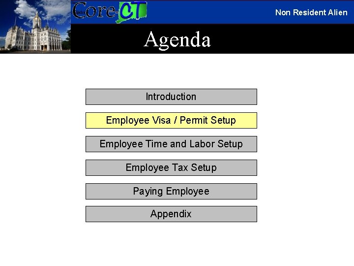 Non Resident Alien Agenda Introduction Employee Visa / Permit Setup Employee Time and Labor